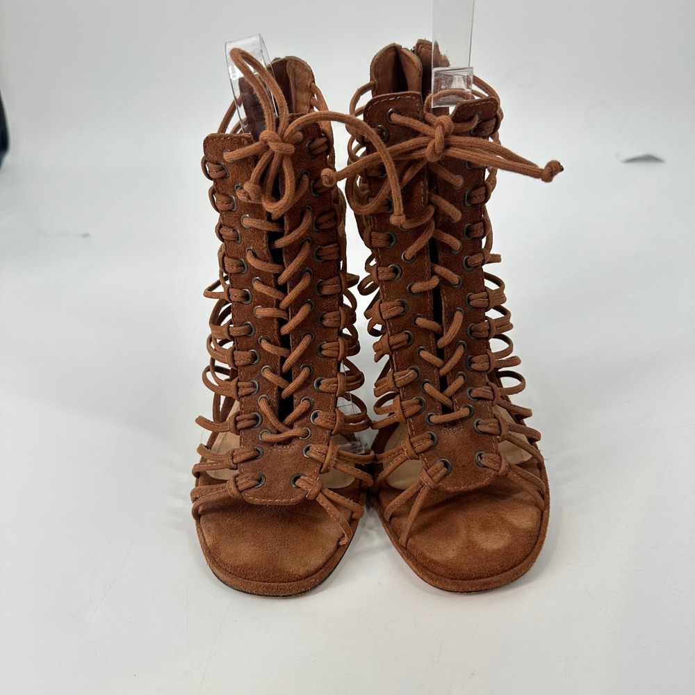 Schutz Brady Suede Leather Cage Lace Up Stacked High Heel Sandals Saddle 9B - Picture 10 of 10